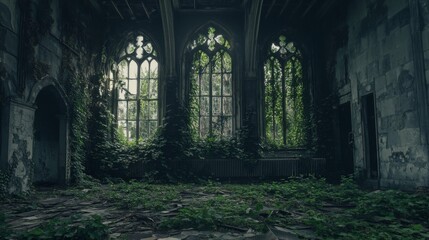 Obraz premium Overgrown Ruins with Arched Windows