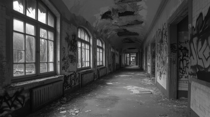 An Abandoned Hallway with Graffiti and Broken Windows
