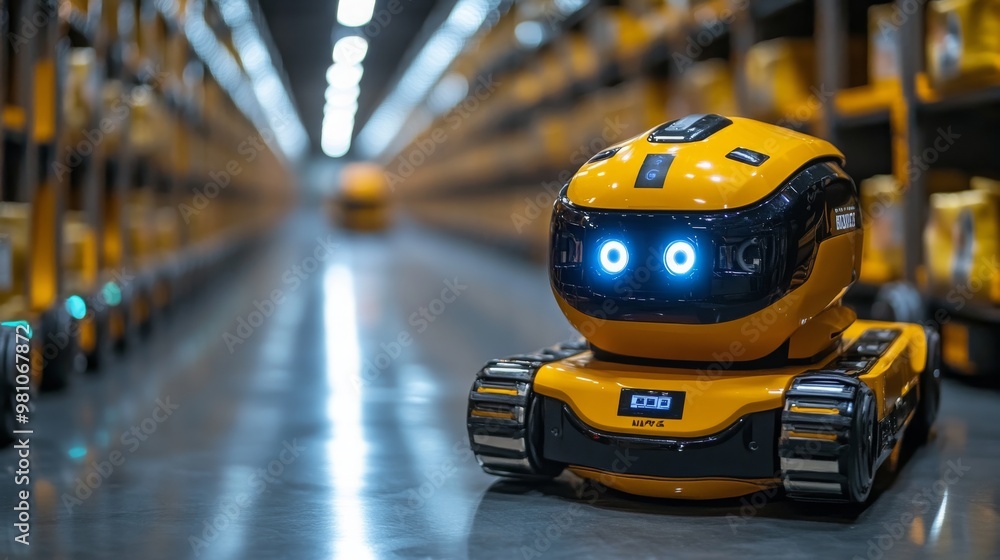 Poster advanced ai robots optimizing logistics in a bright warehouse environment