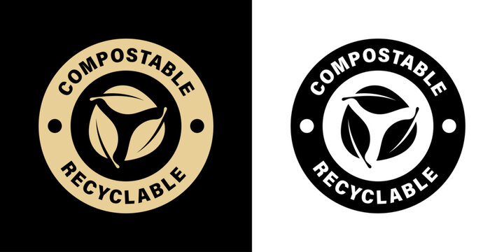 Compostable and Recyclable - vector golden stamp for packaging and bottle labeling.