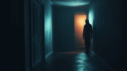 Obraz premium A Silhouette of a Figure Standing in a Dark Hallway