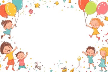 A playful background with colorful illustrations of children playing around the borders, leaving a blank space in the middle for text, perfect for kid-themed content
