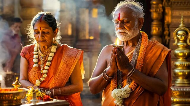 An elderly Indian couple, dressed in traditional attire, engages in prayer inside a temple. Both are adorned with garlands and stand in a serene atmosphere, bathed in soft, warm light, creating a