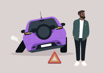 A contemplative bearded man stands beside a quirky car with a flat tire, pondering his next move while awaiting roadside assistance on a calm afternoon