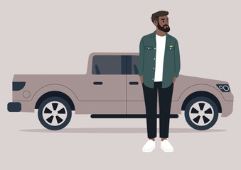 A man with a beard wearing a casual outfit stands thoughtfully by a stylish vehicle, embodying a moment of reflection amidst a serene and calming atmosphere © nadia_snopek