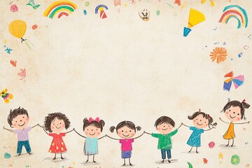 A playful background with colorful illustrations of children playing around the borders, leaving a blank space in the middle for text, perfect for kid-themed content