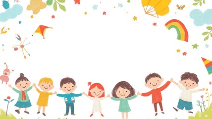 Fototapeta premium A playful background with colorful illustrations of children playing around the borders, leaving a blank space in the middle for text, perfect for kid-themed content