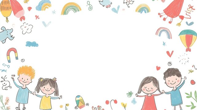 A playful background with colorful illustrations of children playing around the borders, leaving a blank space in the middle for text, perfect for kid-themed content