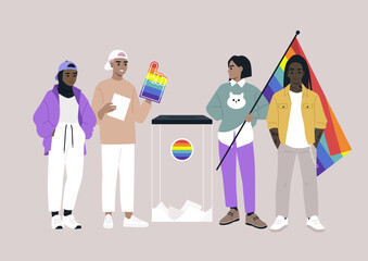 Engaged LGBTQ community members proudly participating in an inclusive ballot box activity, symbolizing their voices in a vibrant and supportive environment