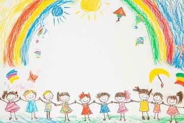 A playful background with colorful illustrations of children playing around the borders, leaving a blank space in the middle for text, perfect for kid-themed content