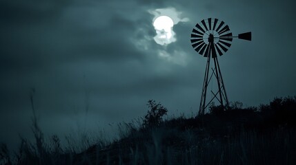 Silhouetted Windmill Against a Moonlit Sky