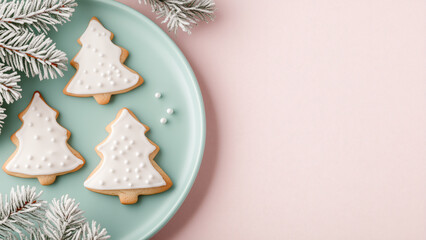 Weihnachtspl&auml;tzchen in Tannenbaumform mit wei&szlig;em Zuckerguss auf hellgr&uuml;nem Teller, dekoriert mit schneebedeckten Tannenzweigen, auf rosa pastellfarbenem Hintergrund