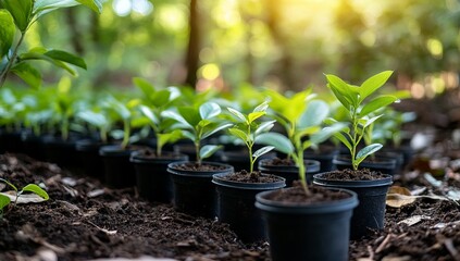 Seedlings Growing in Pots on Forest Floor with Sunlight Through Leaves. AI generated illustration