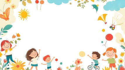 A playful background with colorful illustrations of children playing around the borders, leaving a blank space in the middle for text, perfect for kid-themed content