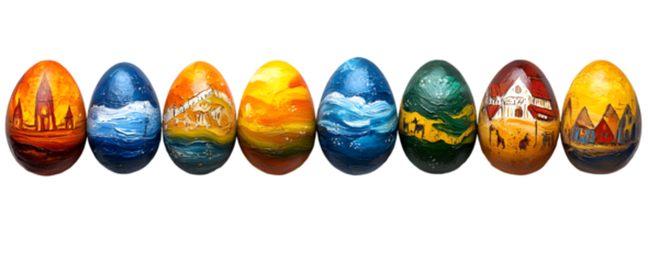 a row of painted eggs. 