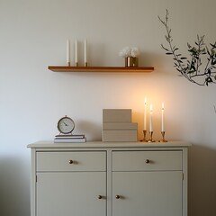A white dresser with two drawers, a wooden shelf, and candles.