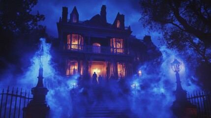 Fototapeta premium Two Figures Approach a Mysterious Victorian Mansion on a Foggy Night