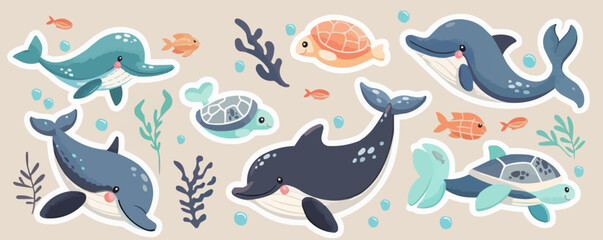 Naklejka premium Cute ocean life stickers set featuring smiling whales, dolphins, and sea turtles, great for underwater-themed projects, flat stickers set, vector illustration.