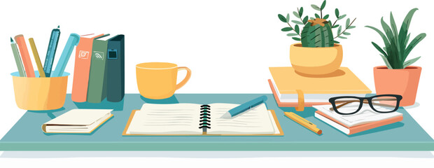 Office desk with paperwork and stationery items on a plain white backdrop. Vector flat isolated illustration.