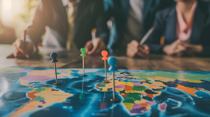 Businesspeople with flag pin on the map showing occupation for business in business meeting....