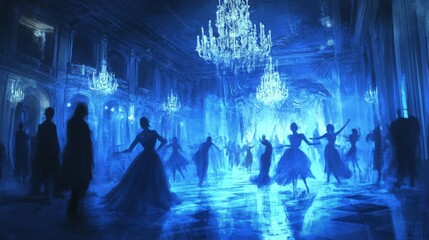 A Silhouetted Ball in a Grand Hall Bathed in Blue Light
