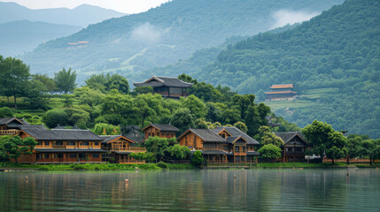 A small village with houses and a lake in the background