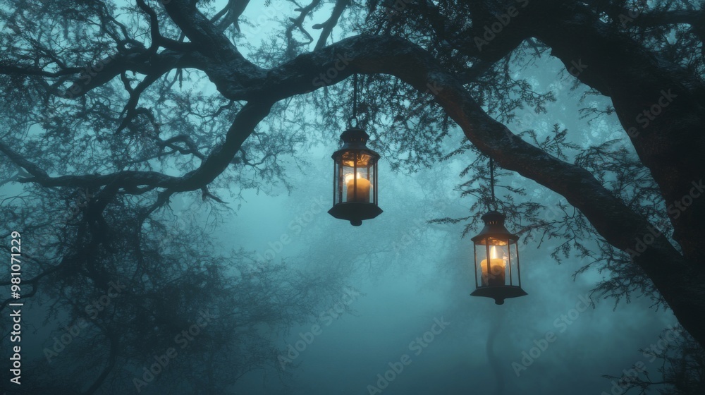 Poster two lanterns hanging from tree branches in a foggy forest