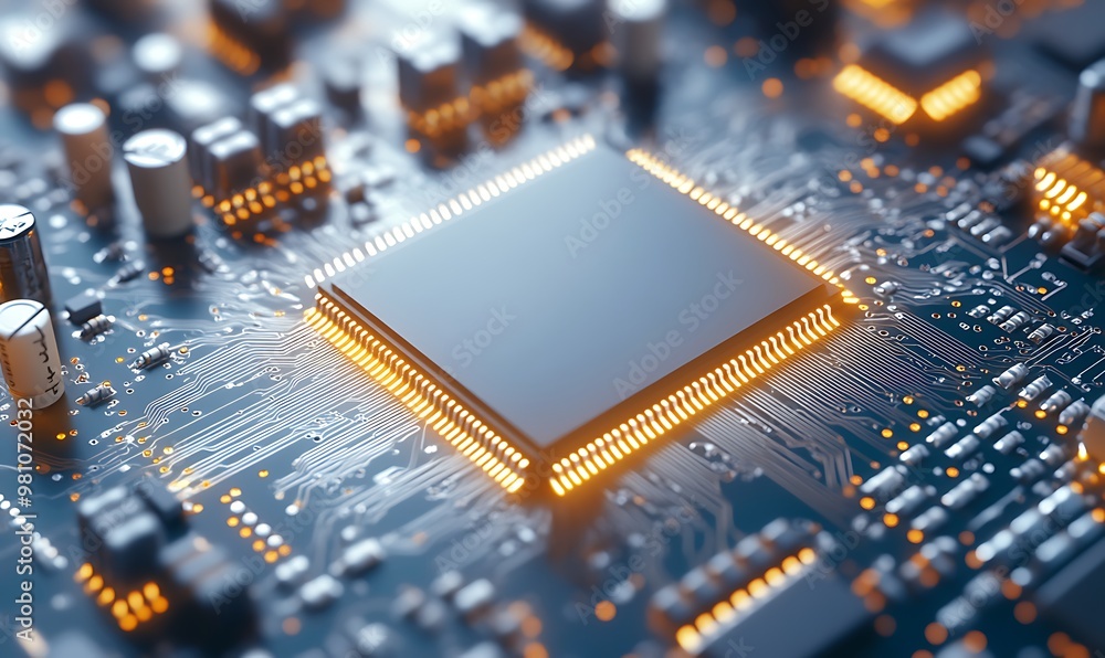 Poster closeup of a microchip on a circuit board