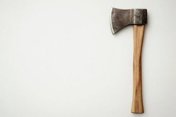 A weathered axe with a wooden handle on a white background.