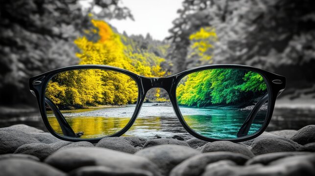 Perception. Better Vision Concept with Colorful View of Forest through Eyeglasses