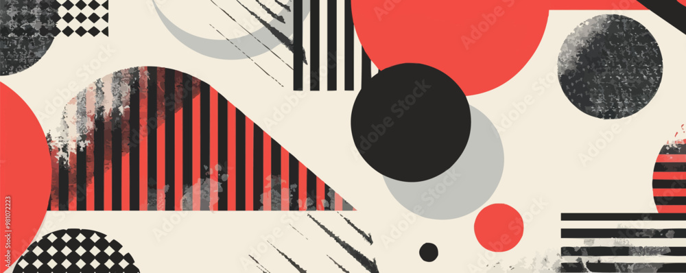 Aufkleber a colorful abstract design with black and red circles and triangles. the design is a mix of differen