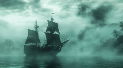 Fototapeta premium A Silhouetted Ship Sailing Through a Dense Fog