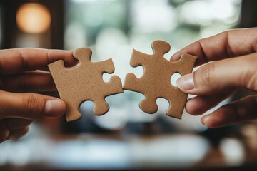 Two hands holding puzzle pieces coming together over a contract. collaboration an negotiation to solve a problem concept. 