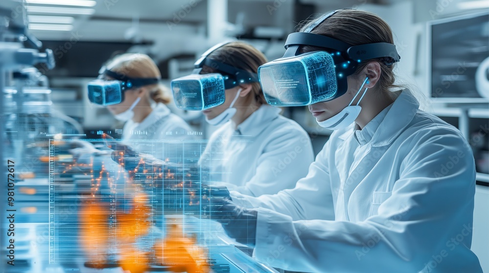 Poster scientists analyze multiverse data in a high-tech lab using augmented reality devices to explore par