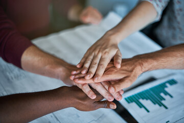 Hands, stack and teamwork in office with graphs, paperwork and support for goals at finance agency....