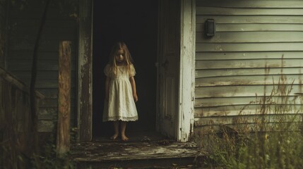 A young girl stands in the doorway of an old, dilapidated house.