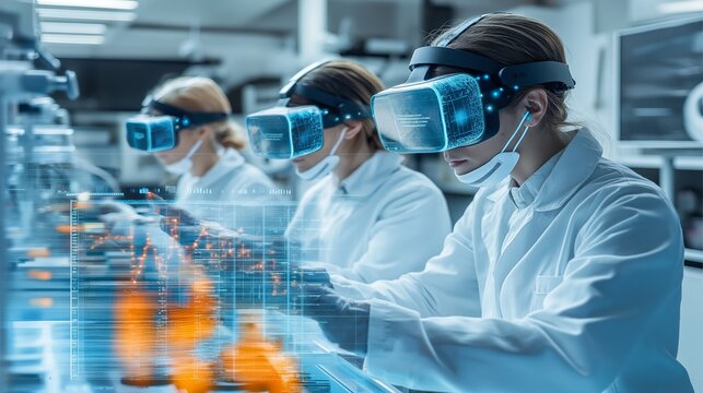 Scientists analyze multiverse data in a high-tech lab using augmented reality devices to explore parallel worlds