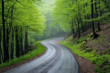 Obraz premium Winding Forest Road in Spring with Green Trees and Misty Morning Light. AI generated illustration