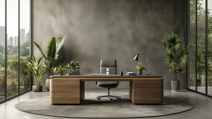 Modern executive office with panoramic city view showcases biophilic design and minimalist aesthetics
