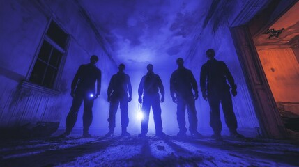 A ghost hunter team prepares equipment in a dark, abandoned building while capturing mysterious orbs in moody lighting