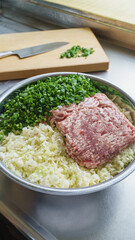 ボウルの中の餃子の具材(キャベツ・にら・豚ひき肉)｜ギョウザを作る　イメージ