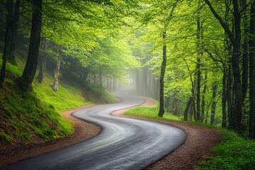 Obraz premium Winding Forest Road in Spring with Green Trees and Misty Morning Light. AI generated illustration