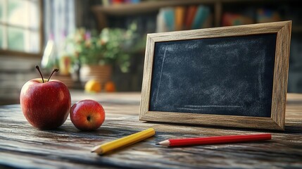 A rustic classroom scene featuring apples, a chalkboard, and colorful pencils on a wooden table, perfect for education themes.