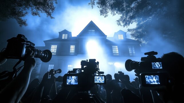 Journalists gather around a haunted house shrouded in mist during an overcast evening