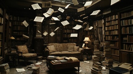 Eerie living room with levitating furniture and floating books illuminated by dim lighting