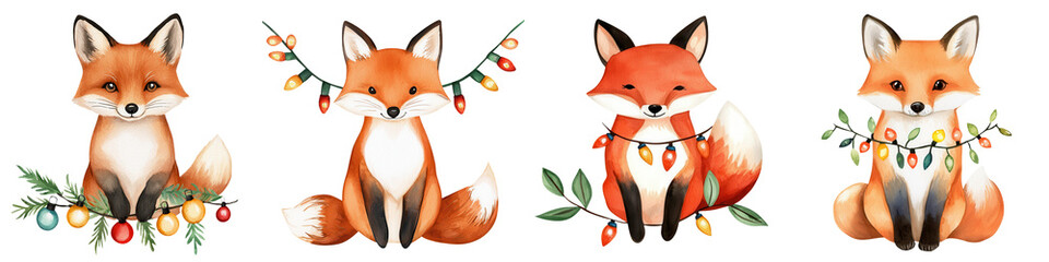 Fototapeta premium Charming illustrated fox characters, adorned with vibrant foliage and berries, perfect for whimsical designs and nature themes.