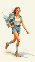 A young woman jogs confidently in casual attire, embodying a carefree summer vibe. Perfect for lifestyle, fashion, or fitness themes.