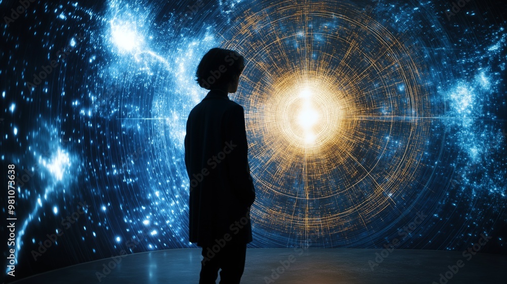 Poster physicist analyzing time travel equations on a digital whiteboard with futuristic technology in a so