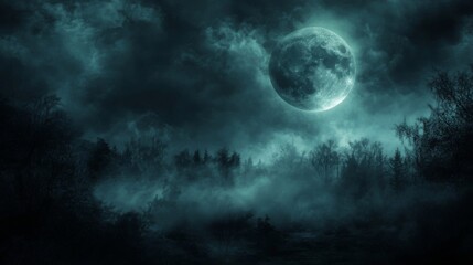 A Full Moon Shines Over a Foggy Forest at Night