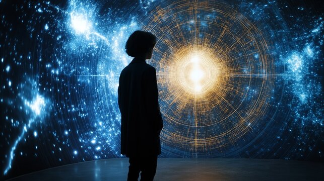 Physicist analyzing time travel equations on a digital whiteboard with futuristic technology in a softly illuminated lab